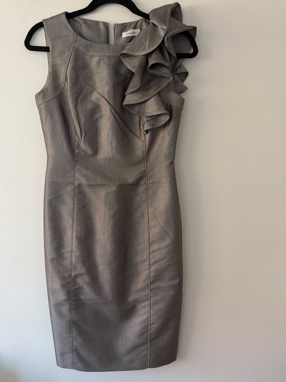 Calvin Klein Metallic Gray Ruffle-Shoulder Sheath Dress